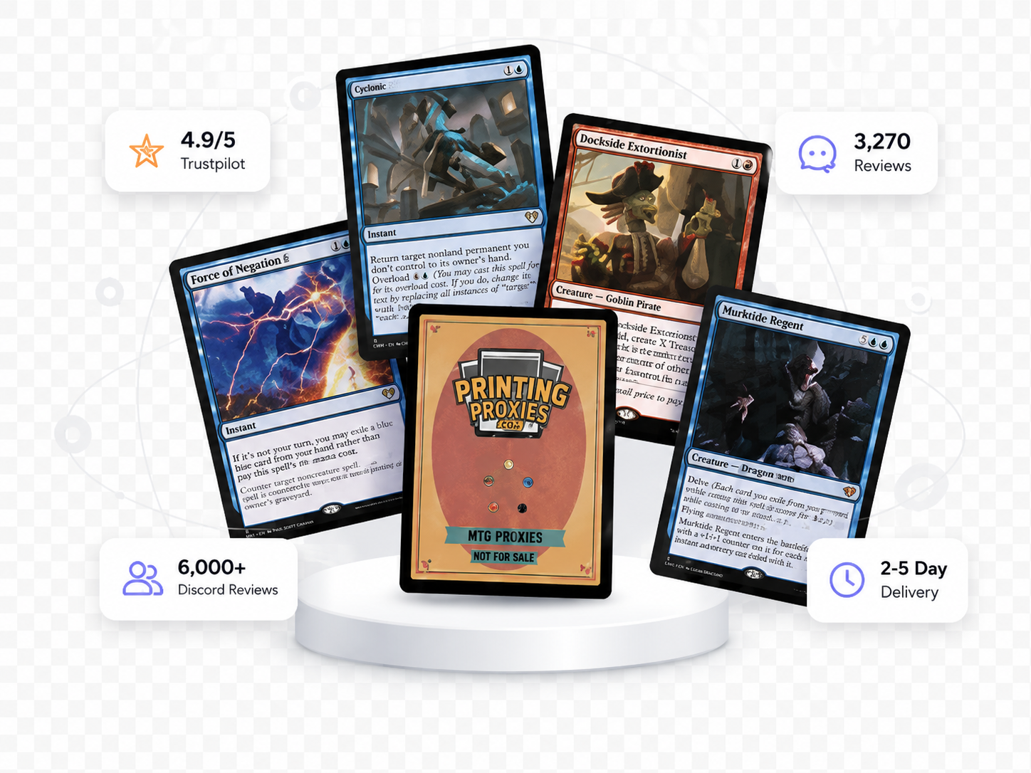 Premium MTG proxy card cluster with review, Discord, and delivery stats