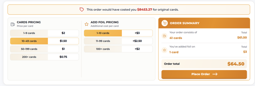 Cards pricing summary